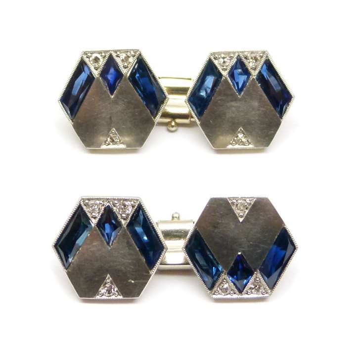 Pair of platinum, diamond and sapphire hexagonal cufflinks